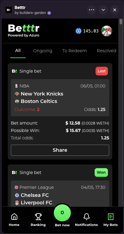 5. Betttr My Bets page